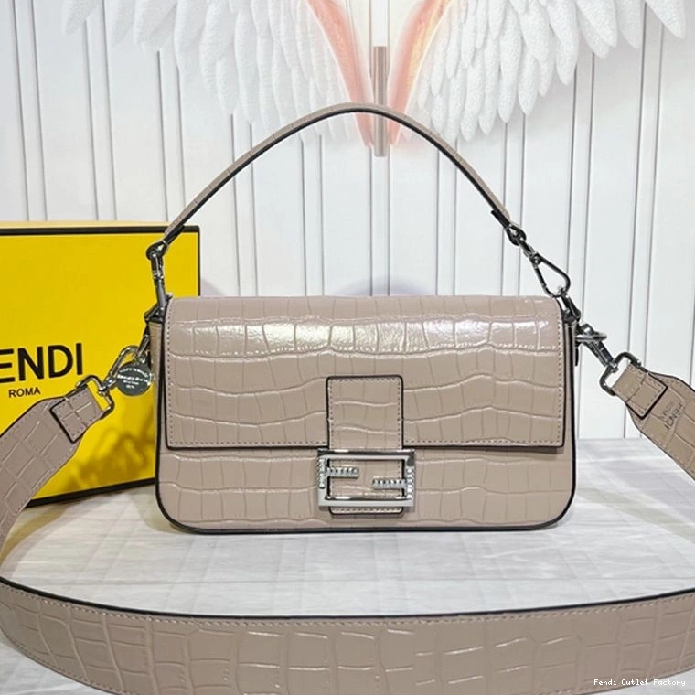 HOT Baguette Medium Fendi Crocodile Leather In Tiffany Khaki Bag 0716